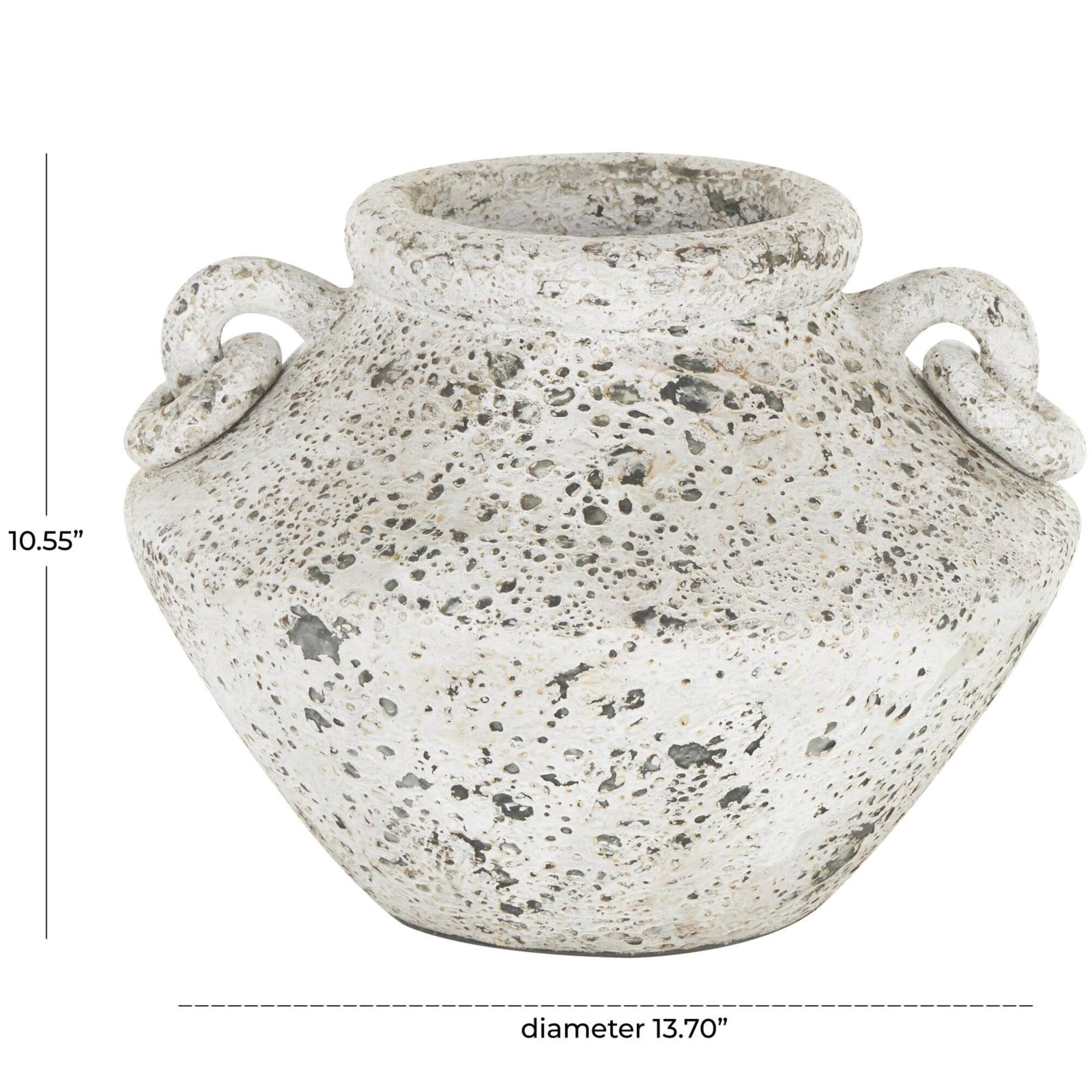 14" White Antique-Style Textured Ceramic Vase with Ring Handles
